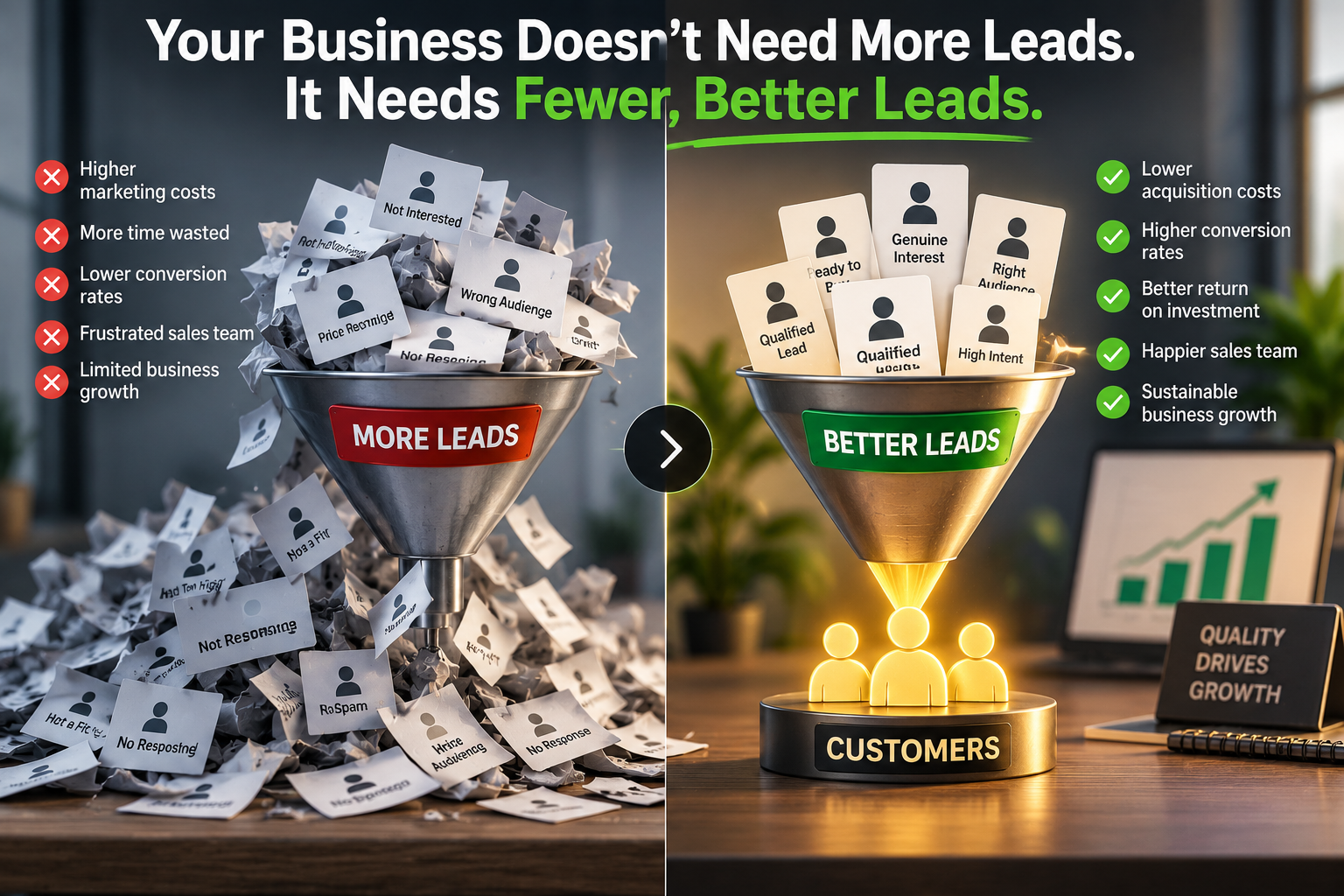 Marketing funnel showing how businesses can focus on fewer qualified leads instead of generating large volumes of low-quality leads
